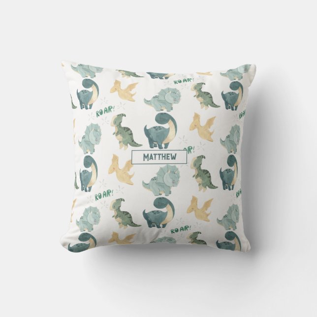 Personalized Watercolor Dinosaurs Throw Pillow (Front)