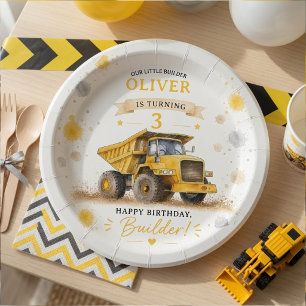 Personalized Watercolor Dump Truck Birthday Paper Plate
