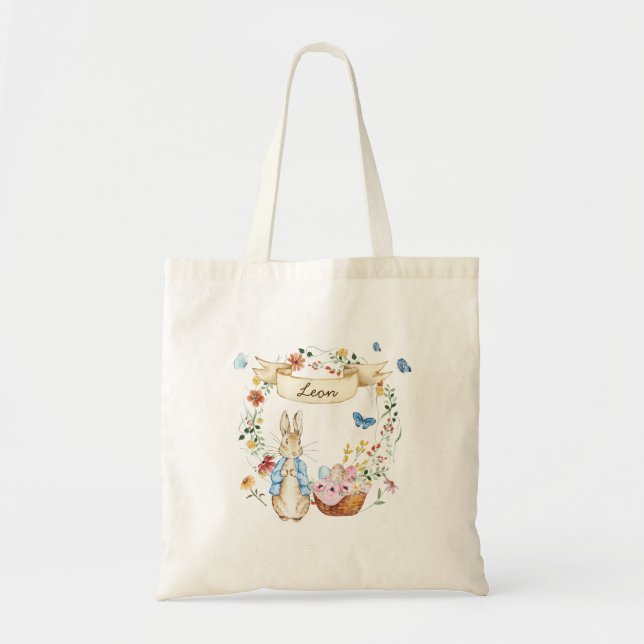 Personalized Watercolor Easter Bunny and Flowers Tote Bag (Front)