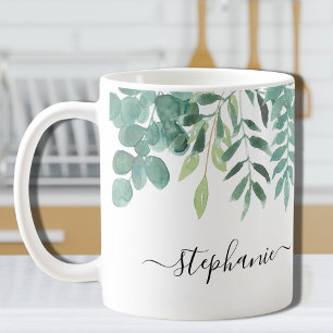 Personalized Watercolor Eucalyptus Greenery  Coffee Mug