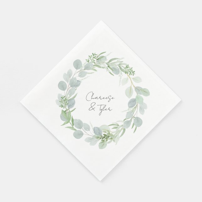 Personalized Watercolor Eucalyptus Wedding Wreath Napkin (Corner)