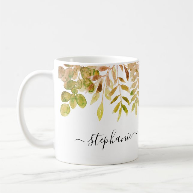 Personalized Watercolor Fall Autumn Foliage Coffee Mug (Left)