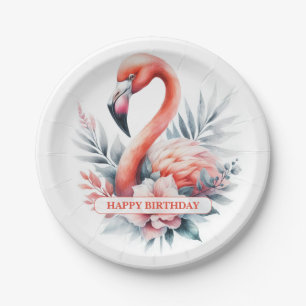 Personalized Watercolor Flamingo Birthday Paper Plate