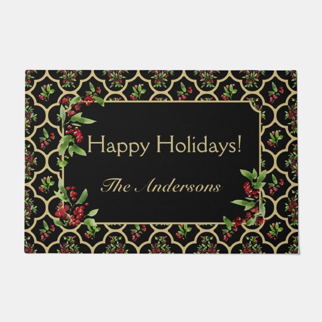 Personalized Watercolor Floral and Gold Quatrefoil Doormat (Front)