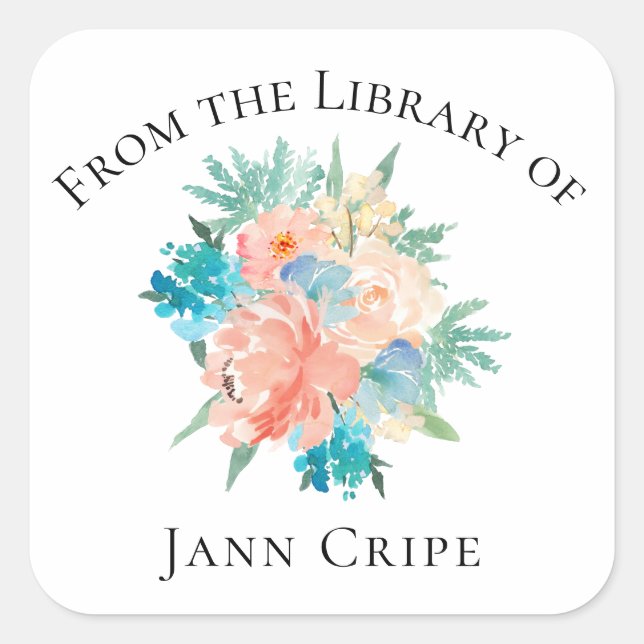 Personalized Watercolor Floral Book Plate Square Sticker (Front)