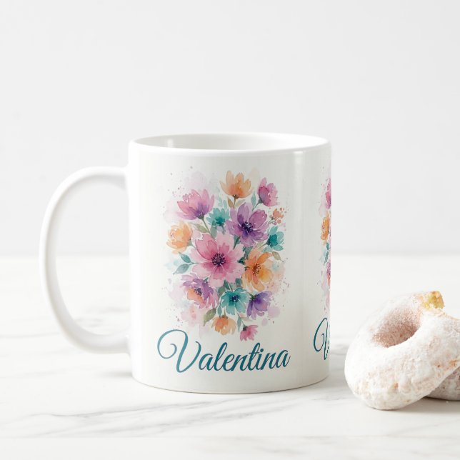 Personalized Watercolor Floral Bouquet Name Coffee Coffee Mug (With Donut)