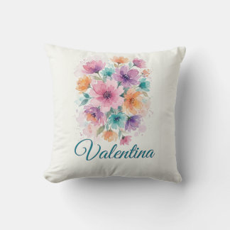Personalized Watercolor Floral Bouquet Name Throw  Pillow
