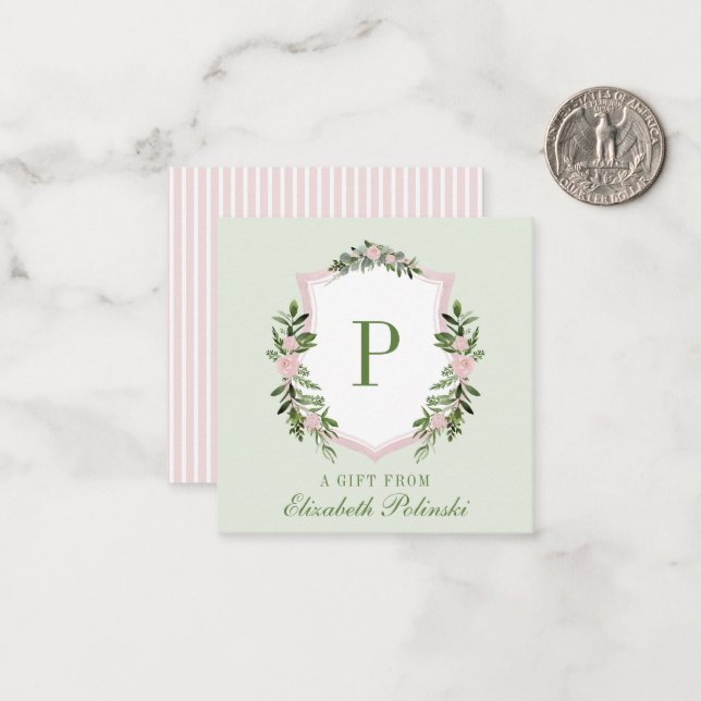 Personalized Watercolor Floral Crest Initial Gift Card (Front/Back In Situ)