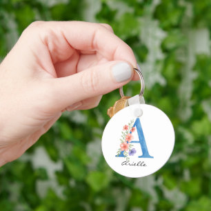Personalized Watercolor Floral Letter A monogram Keychain