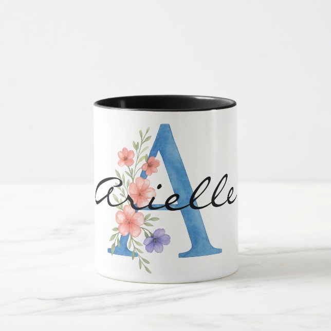 Personalized Watercolor Floral Letter A monogram Mug (Center)