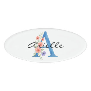 Personalized Watercolor Floral Letter A monogram Name Tag