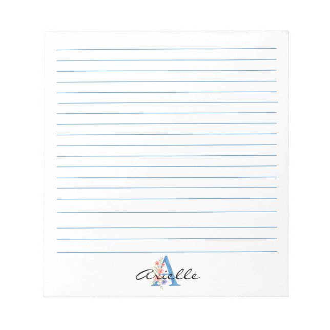 Personalized Watercolor Floral Letter A monogram Notepad (Front)