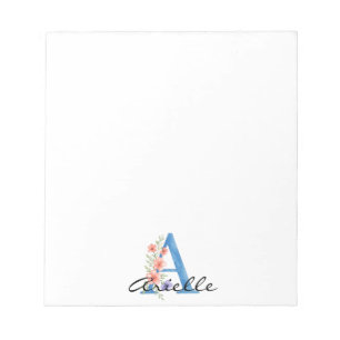 Personalized Watercolor Floral Letter A monogram Notepad