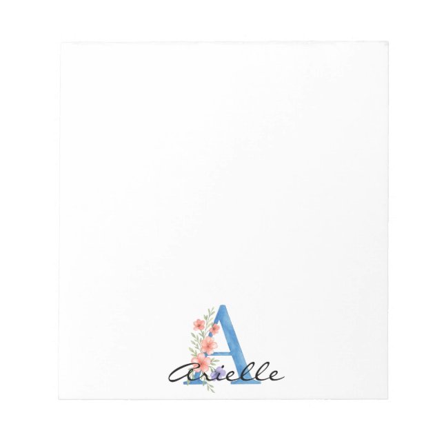 Personalized Watercolor Floral Letter A monogram Notepad (Front)
