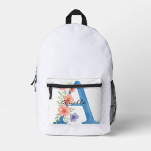Personalized Watercolor Floral Letter A monogram Printed Backpack