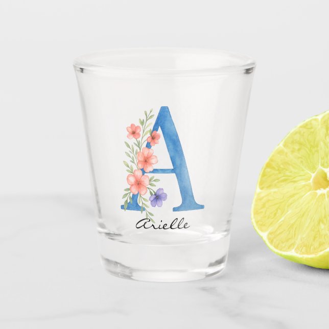Personalized Watercolor Floral Letter A monogram Shot Glass (Front)