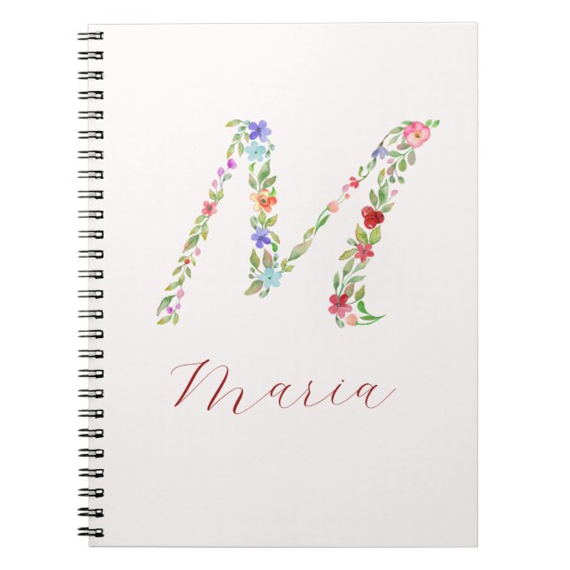 Personalized Watercolor Floral Monogram Letter M Notebook (Front)
