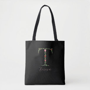 Personalized Watercolor Floral Monogram Letter T Tote Bag