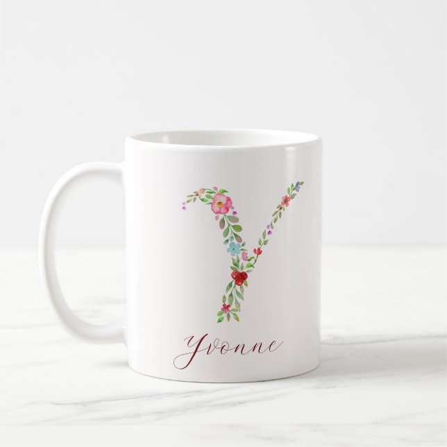Personalized Watercolor Floral Monogram Letter Y Coffee Mug (Left)