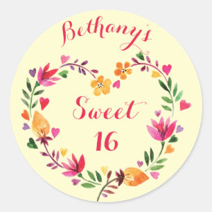 Personalized Watercolor Floral Sweet 16 Classic Round Sticker