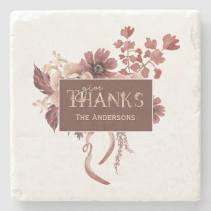 Personalized Watercolor Floral Thanksgiving Stone Coaster