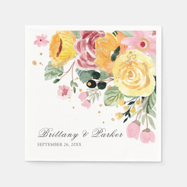 Personalized Watercolor Floral Wedding Napkin (Front)