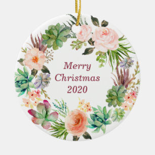 Personalized Watercolor Floral Wreath Ceramic Ornament