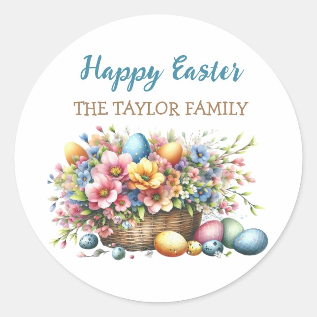 Personalized Watercolor Flowers Easter Classic Round Sticker (Front)