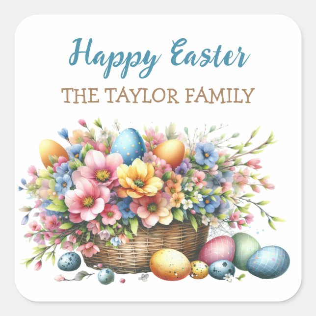 Personalized Watercolor Flowers Easter Square Sticker (Front)