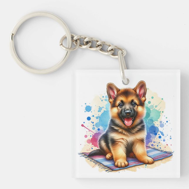 Personalized Watercolor German Shepherd Puppy Dog Keychain (Front)