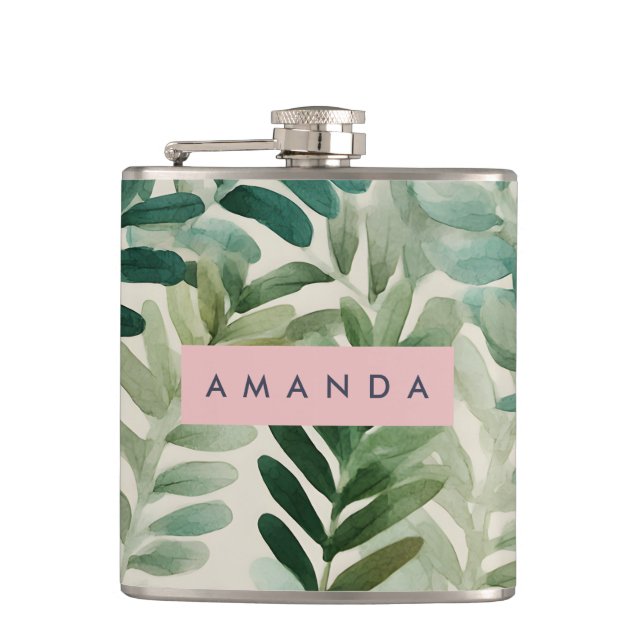 Personalized Watercolor Green Leaf Botanical Hip Flask (Front)