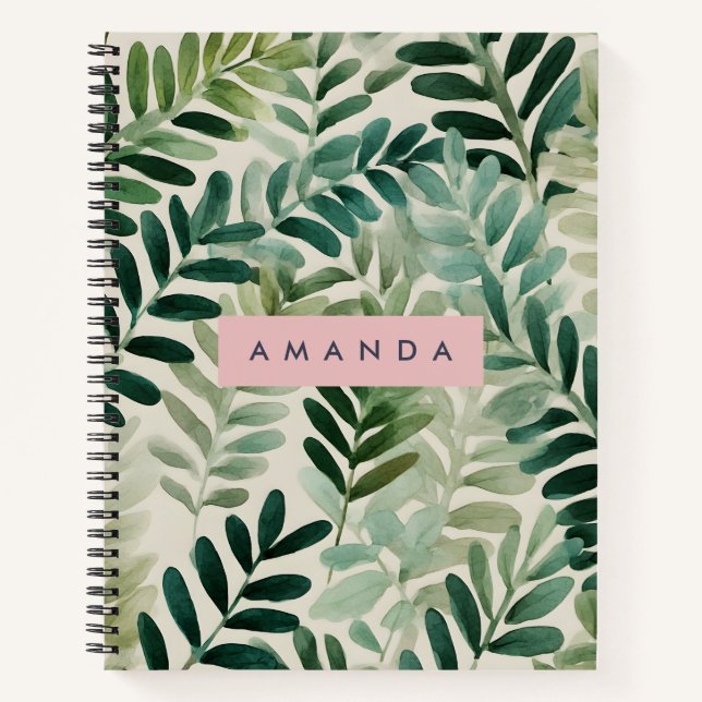 Personalized Watercolor Green Leaf Botanical Notebook (Front)