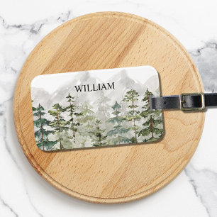 Personalized Watercolor Green Pine Forest Mountain Luggage Tag
