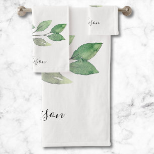 Personalized Watercolor Greenery Bath Towel Set