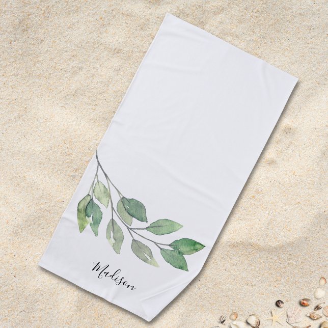 Personalized Watercolor Greenery Beach Towel (Creator Uploaded)