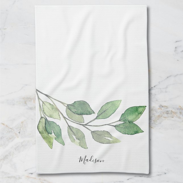 Personalized Watercolor Greenery Kitchen Towel (Creator Uploaded)