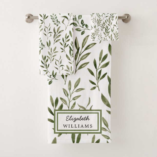 Personalized Watercolor Greenery Leaves Bath Towel Set (Insitu)