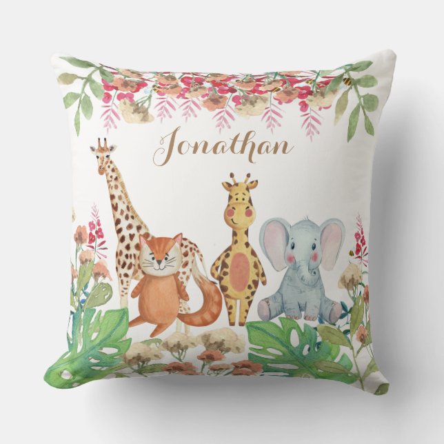 Personalized watercolor greenery nursery baby gift throw pillow (Front)