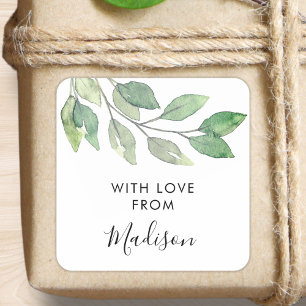Personalized Watercolor Greenery Square Sticker