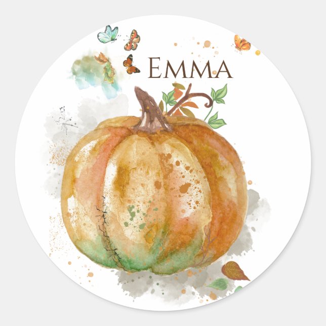 Personalized Watercolor Hand-painted Pumpkin Classic Round Sticker (Front)