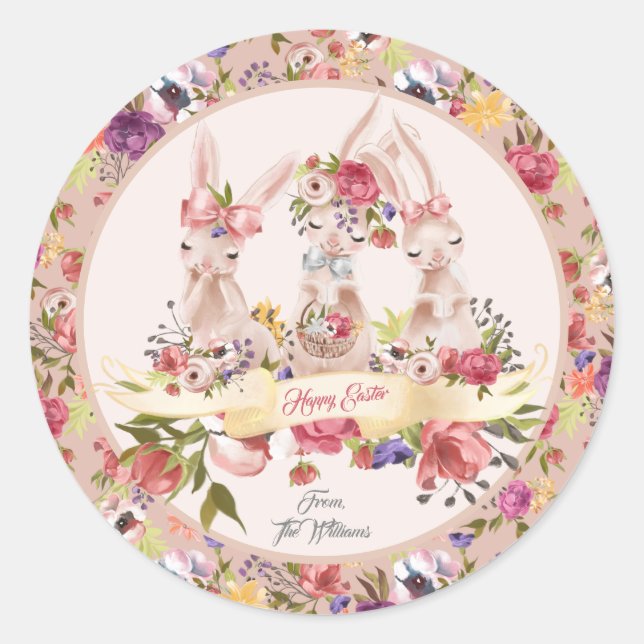 Personalized Watercolor Happy Easter Bunny Classic Round Sticker (Front)
