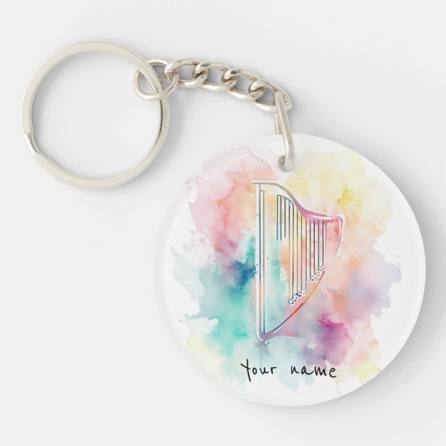 Personalized Watercolor Harp Keychain (Front)