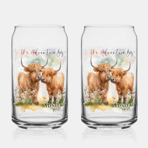 Personalized watercolor Highland cow beer can   Glass
