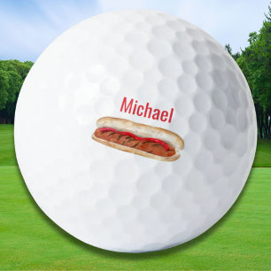Personalized Watercolor Hot Dog with Ketchup Golf Balls