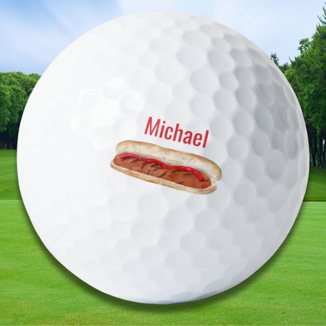 Personalized Watercolor Hot Dog with Ketchup  Golf Balls (Creator Uploaded)