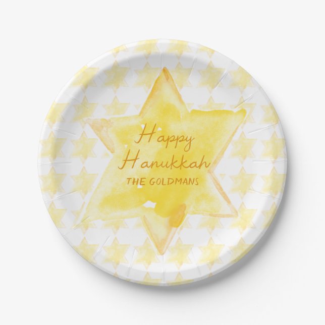 Personalized Watercolor Jewish Star Hanukkah  Paper Plate (Front)