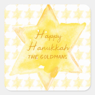 Personalized Watercolor Jewish Star Hanukkah Square Sticker