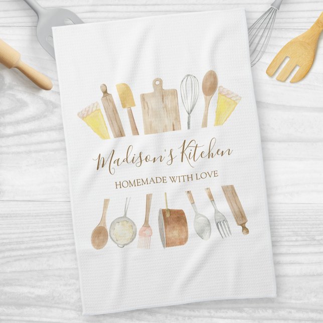 Personalized Watercolor Kitchen Cooking Utensils  Kitchen Towel (In situ)