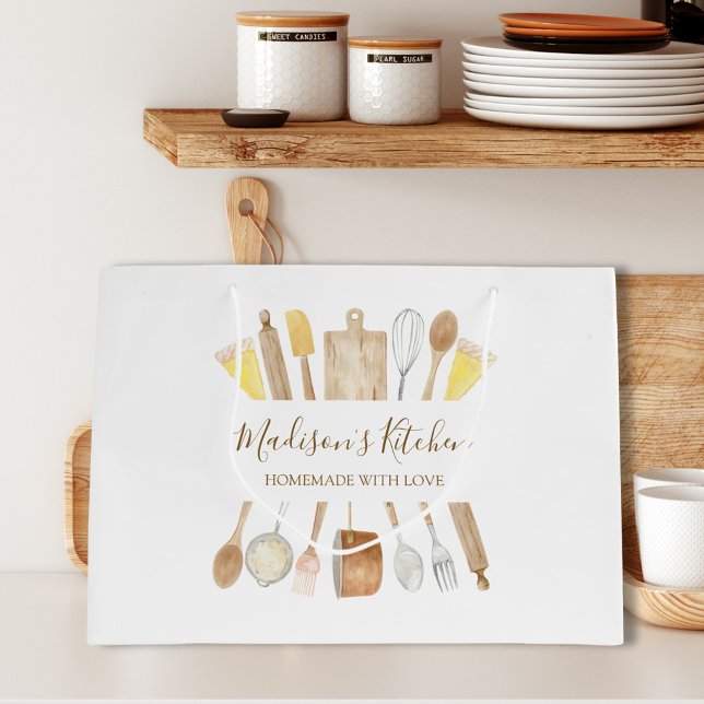 Personalized Watercolor Kitchen Cooking Utensils  Large Gift Bag (In situ)