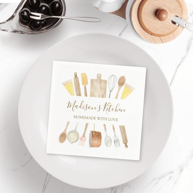 Personalized Watercolor Kitchen Cooking Utensils  Napkin (In situ)